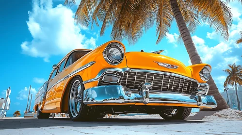 Vintage Yellow Car with Chrome Accents in Tropical Setting