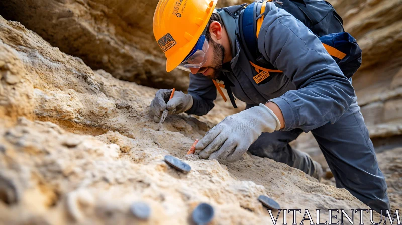 Meticulous Worker in Rocky Landscape AI Image