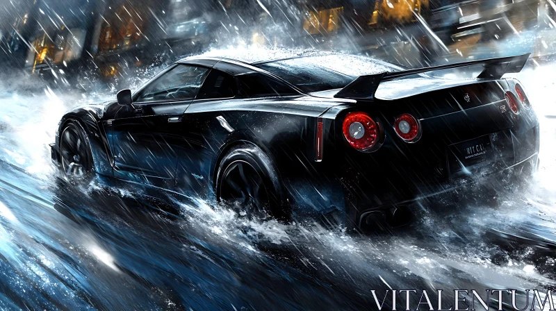 AI ART Dynamic Night Drive: Black Sports Car in Rain