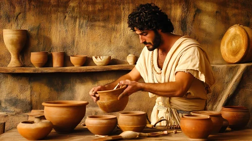 Traditional Artisan Creating Pottery in Historical Setting