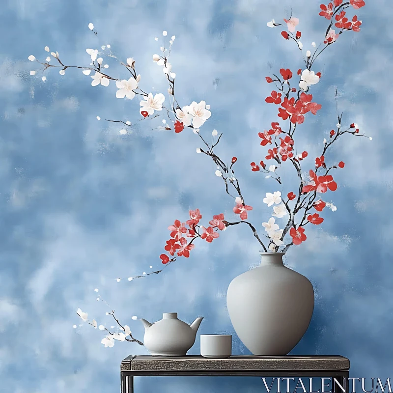 Serene Floral Display in Minimalist Vases AI Image