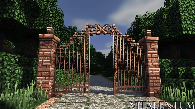 Intricate Metal Gate Amid Sturdy Brick Pillars AI Image