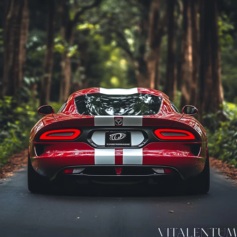 Luxury Red Sports Car in a Forest AI Image