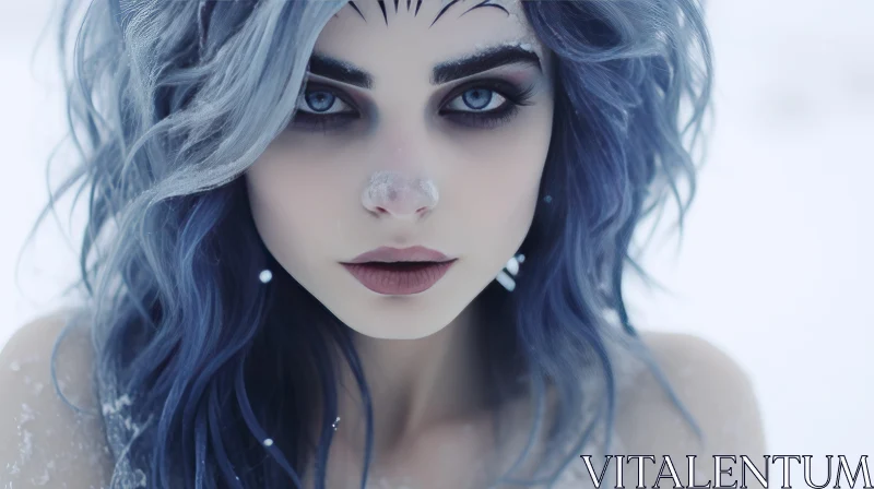 Blue Hair Gothic Snow Scene with Detailed Facial Features AI Image