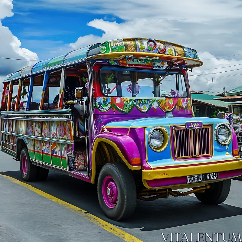 Multicolored Artistic Bus on City Street AI Image