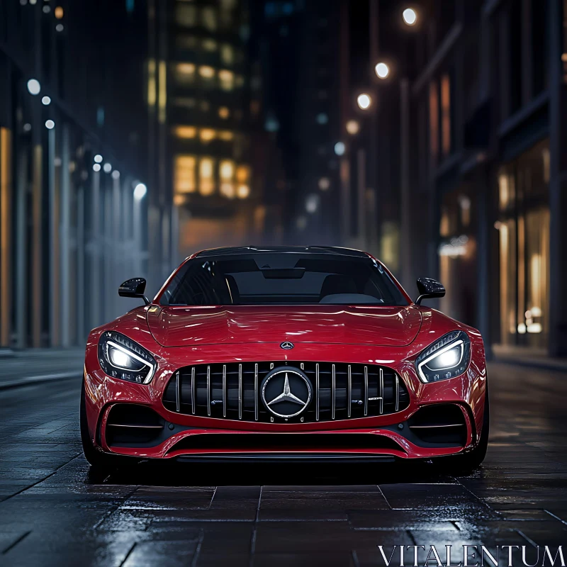 AI ART Front View of Red Sports Car on Night Street