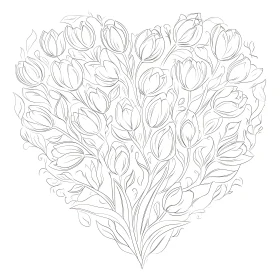 Heart of Tulips in Black and White Line Art