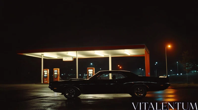 Nighttime Scene of Muscle Car at Gas Station AI Image