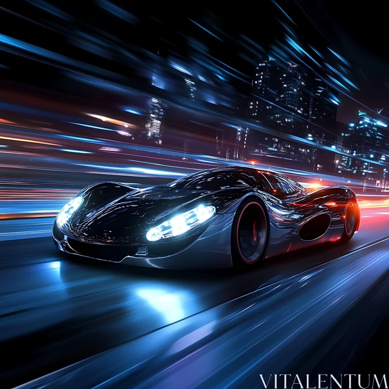 Sleek and Fast Car in Urban Nightscape AI Image