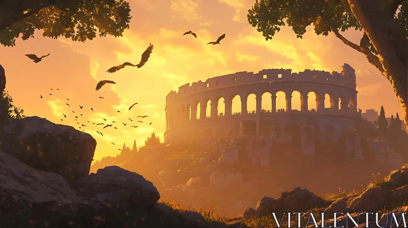 Sunset Over the Historic Colosseum with Birds in Flight AI Image