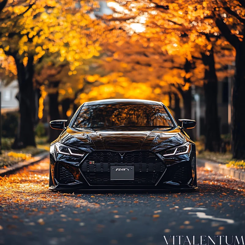 Sleek Black Car Parked Amidst Autumn Leaves and Tree Reflections AI Image