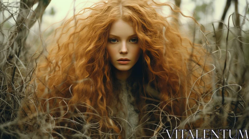 Redhead Beauty in a Field with Manticore - Ethereal Naturalistic Imagery AI Image
