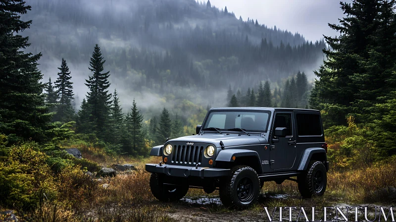 Off-Road Vehicle Amidst Misty Pines AI Image