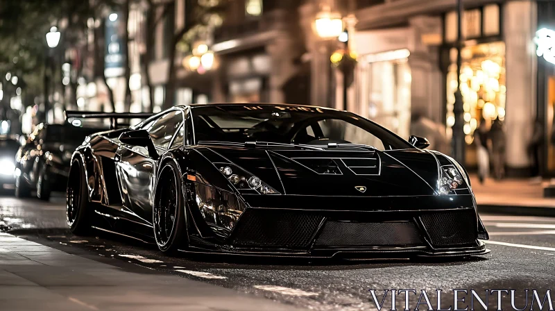 Luxurious Black Sports Car in Urban Nightscape AI Image