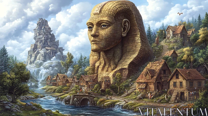 Enchanting Village with Ancient Colossal Stone Head AI Image