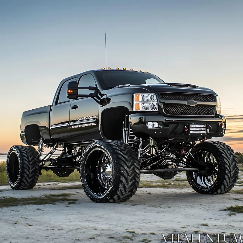 AI ART Black Lifted Chevy Truck in Sandy Terrain