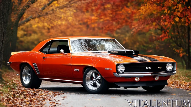 Vintage Muscle Car in Fall Landscape AI Image