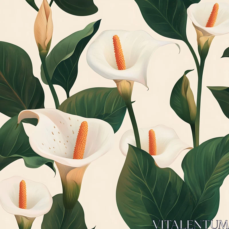 White Calla Lilies and Lush Green Foliage AI Image