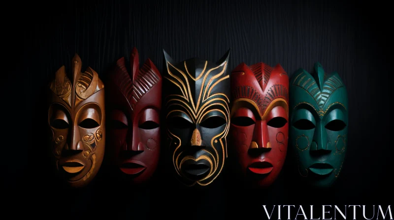 Exotic Woodcarved Masks: An Artistic Exploration into Historical Drama AI Image
