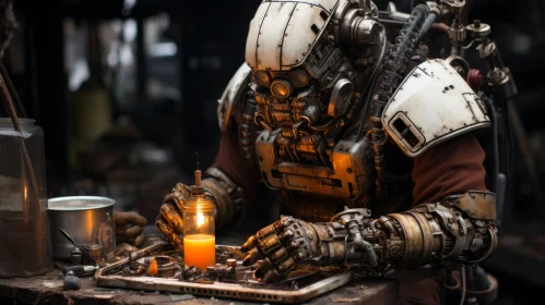 Mechanical Robot Lights Candle in Urban Setting