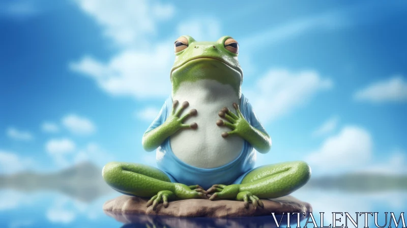 Meditative Green Frog Against Blue Sky - Nature's Serenity in Detail AI Image