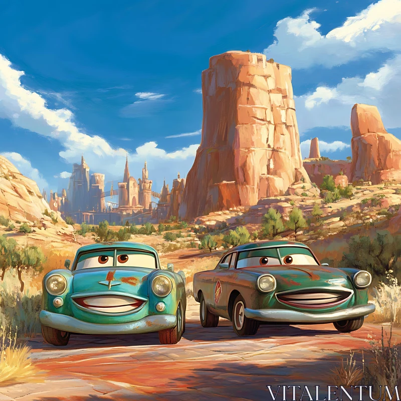 Smiling Animated Cars in Desert Landscape AI Image