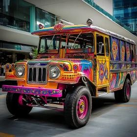 Vibrant Urban Jeepney with Floral Patterns