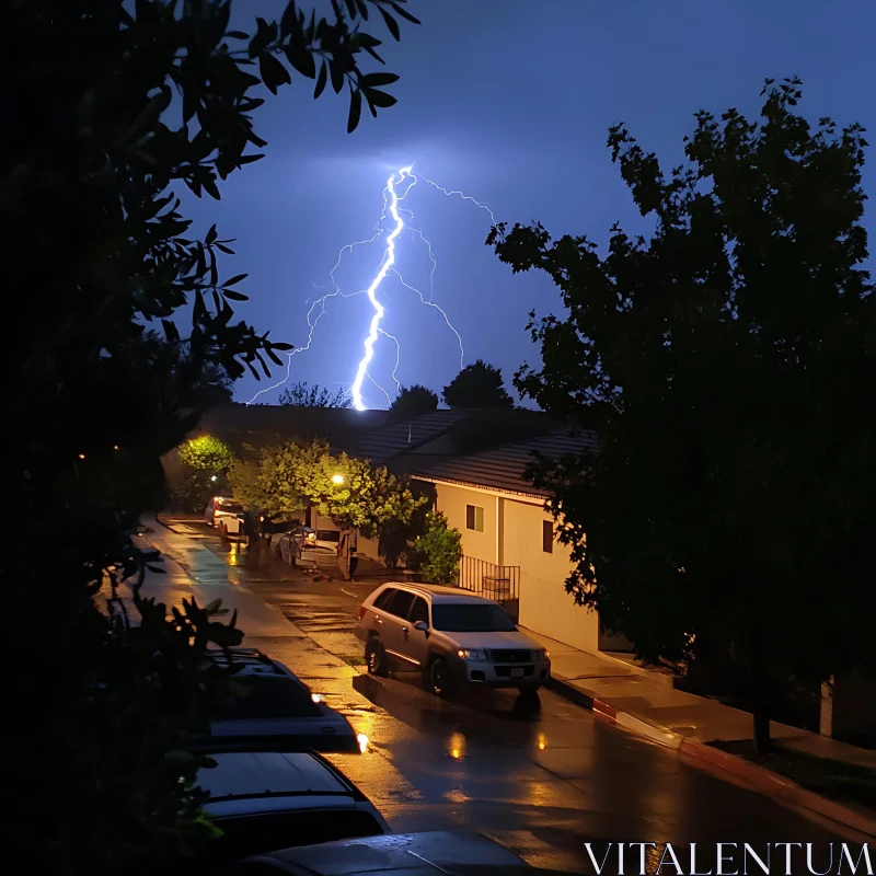 Nighttime Lightning Bolt in Suburban Area AI Image