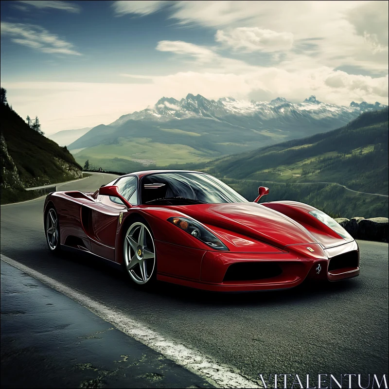 Luxury Red Supercar on Scenic Mountain Road AI Image