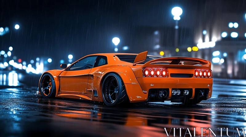 Rainy Night with Orange Supercar in City AI Image