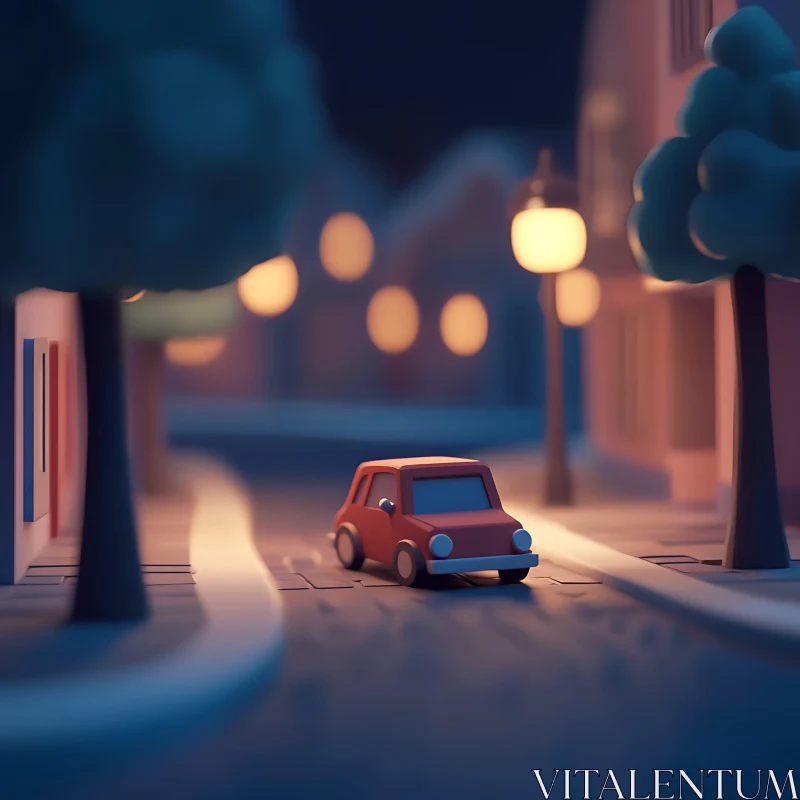 AI ART Cozy Nighttime Street with Car and Street Lamps