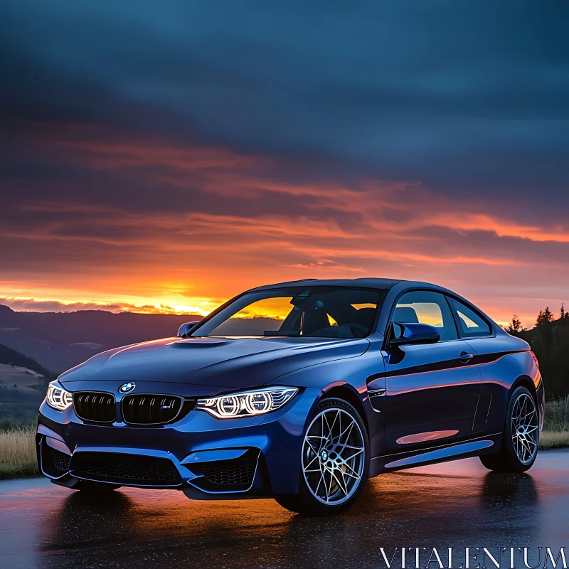 Blue Sports Car Against Sunset Sky AI Image