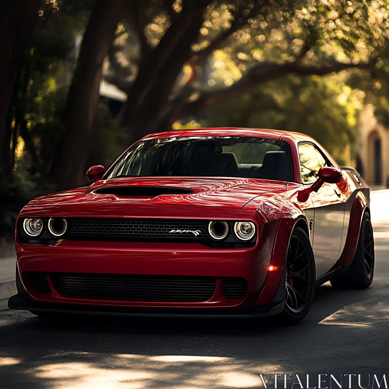 Powerful Red Muscle Car on Sunlit Street AI Image