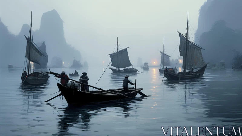 Foggy Morning Cityscape with Traditional Boats Artwork AI Image