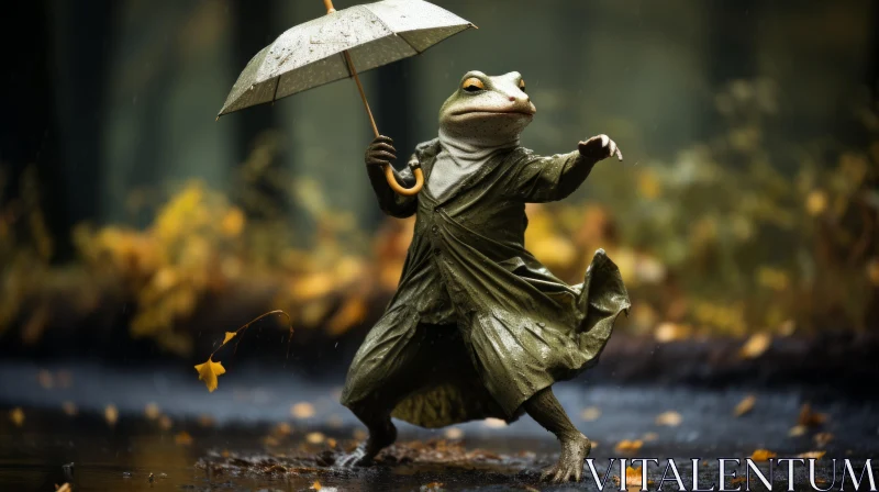 Frog in Rain Attire Holding Umbrella - Photo-Realistic Artwork AI Image