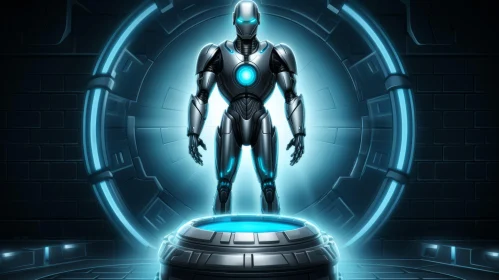Glowing Robot in Silver and Cyan - A Mysterious Superheroic Masterpiece
