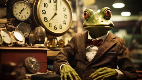 Green Frog in Suit Beside Antique Clock - Eccentric Props and Cinematic Stills