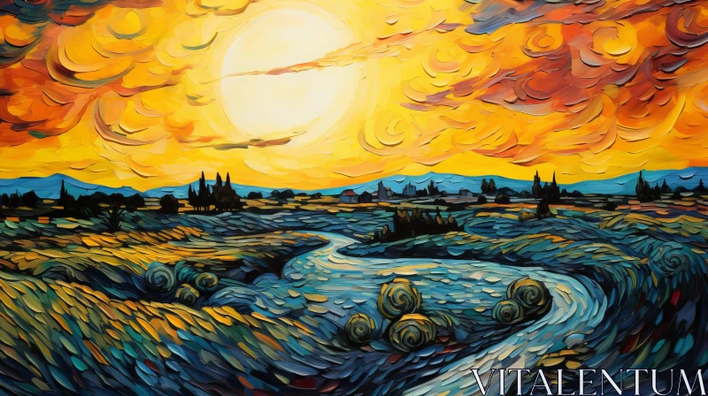 Landscape Painting of Sunset and River: A Feast of Color and Tranquility AI Image