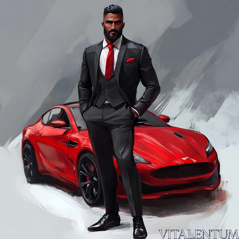 Stylish Man Posed with Luxury Car AI Image