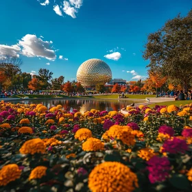 Autumnal Park with Golden Dome and Colorful Blooms