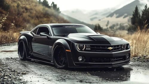 Modern Black Muscle Car in Mountain Scenery