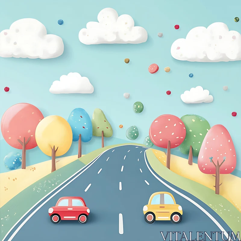 Playful Cartoon Road with Colorful Trees and Cars AI Image