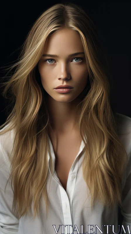 Captivating Blonde Beauty with Brown Eyes in Subtle Lighting AI Image