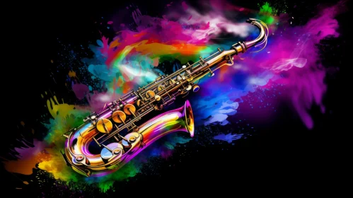 Colorful Saxophone Artwork on Smoky Black Background