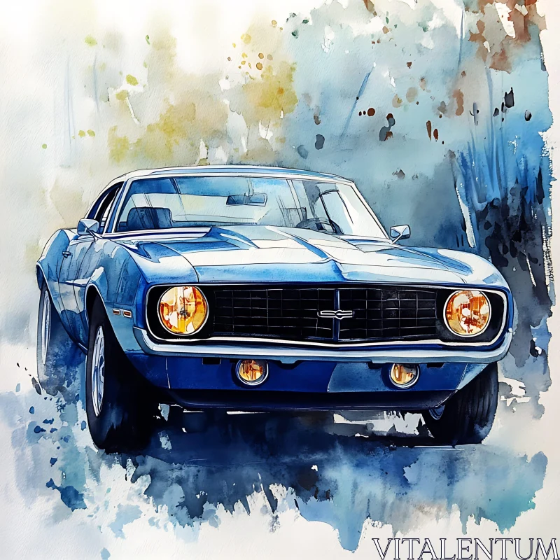 Vintage Blue Muscle Car in Watercolor Art AI Image