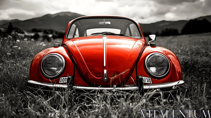 Classic Red Car in Nature AI Image