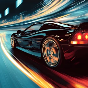 Sporty Black Car in Motion at Night
