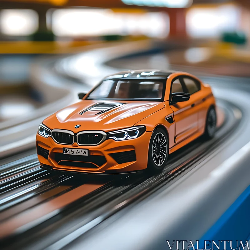 Miniature Orange Racing Car on Track Miniature Orange Racing Car on Track