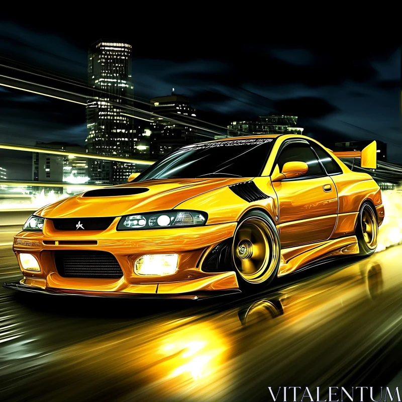 Yellow Turbo Car Speeding in Urban Nightscape AI Image