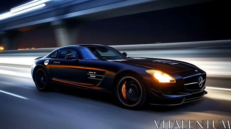 AI ART High-Speed Black Sports Car on Highway at Night